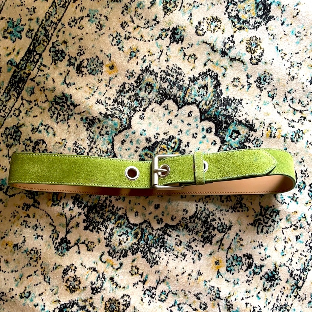 Green suede leather belt with silver buckle